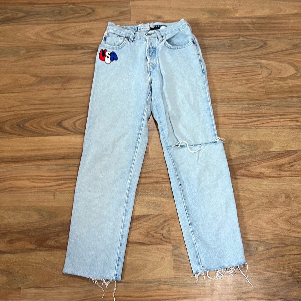 Vintage Express Straight Leg Jeans Mid Rise Light Wash Ripped Womens 2 Patches
